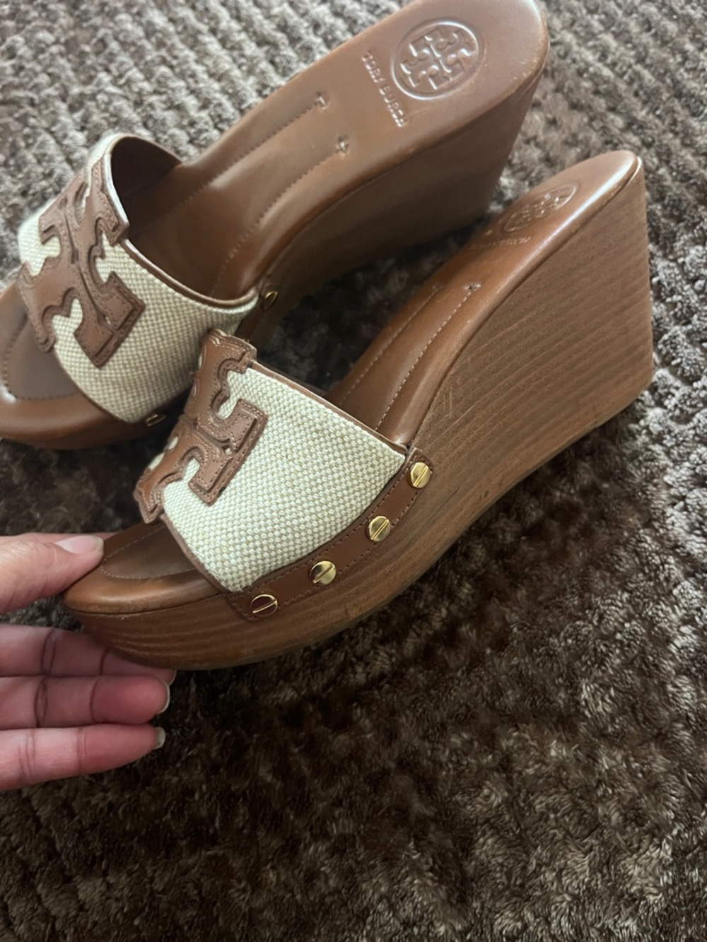 Tory Burch Brown Leather and Cream Canvas Logo Slide Mules - Picture 4 of 12